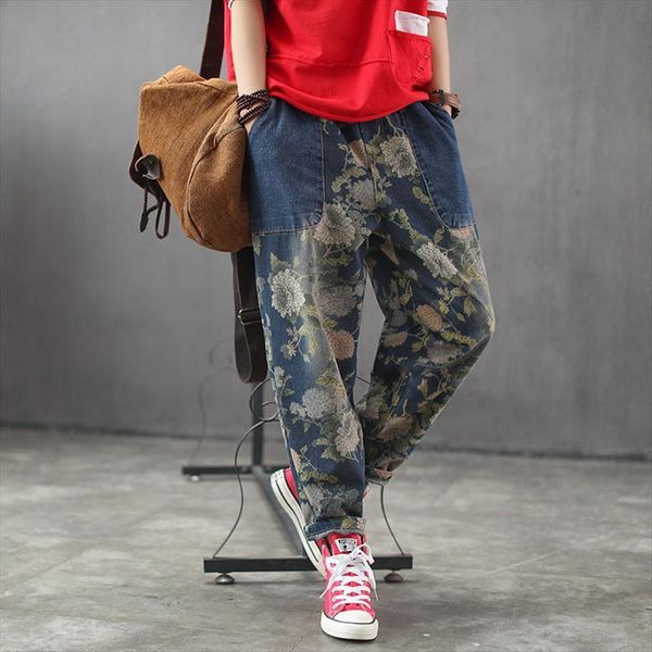 designer casual flower printing elastic womens jean waisted denim trousers vintage painted jeans cross pants summer fall, Blue
designer casual flower printing elastic womens jean waisted denim trousers vintage painted jeans cross pants summer fall, Blue