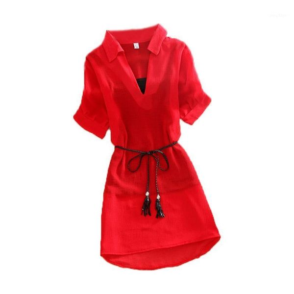 women chiffon blouse medium long shirt transparent 2021 summer v-neck short sleeve + sling two piece women's blouses & shirts, White
women chiffon blouse medium long shirt transparent 2021 summer v-neck short sleeve + sling two piece women's blouses & shirts, White