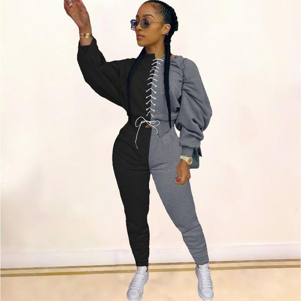 women's two piece pants contrast color patchwork 2 pant suit autumn winter clothing lace up long lantern sleeve sweatshirt and jogger s, White
women's two piece pants contrast color patchwork 2 pant suit autumn winter clothing lace up long lantern sleeve sweatshirt and jogger s, White