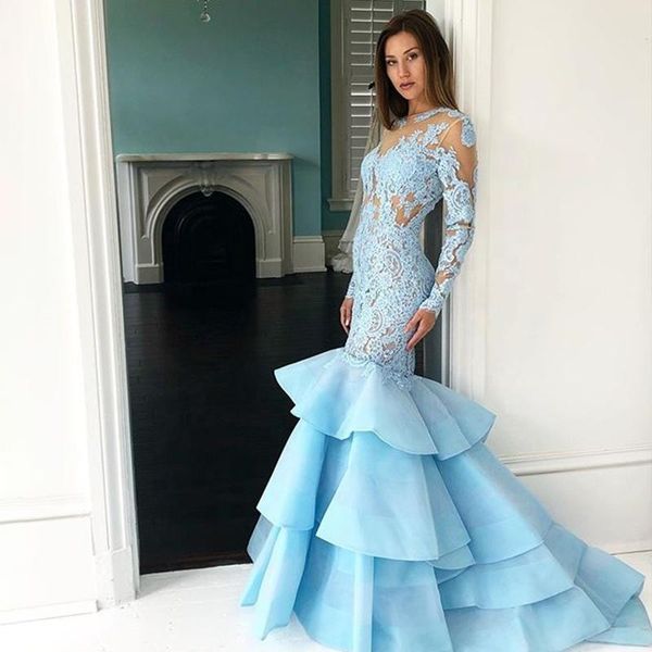 party dresses tiered long sleeve mermaid evening custom made sky blue lace gowns, White;black
party dresses tiered long sleeve mermaid evening custom made sky blue lace gowns, White;black