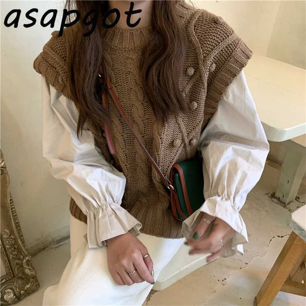spring fall back lace up o neck long flare sleeve blouse women white wild twist sweater sleeveless vest kniited loose casual 210610
spring fall back lace up o neck long flare sleeve blouse women white wild twist sweater sleeveless vest kniited loose casual 210610