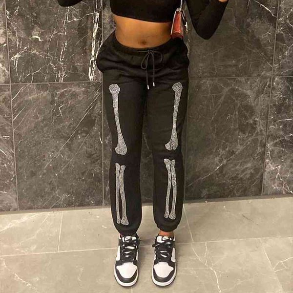 women joggers bottom long pants high waist trouser casual outdoor wear glitter skeleton rhinestones black sweatpants streetwear, Black;white
women joggers bottom long pants high waist trouser casual outdoor wear glitter skeleton rhinestones black sweatpants streetwear, Black;white