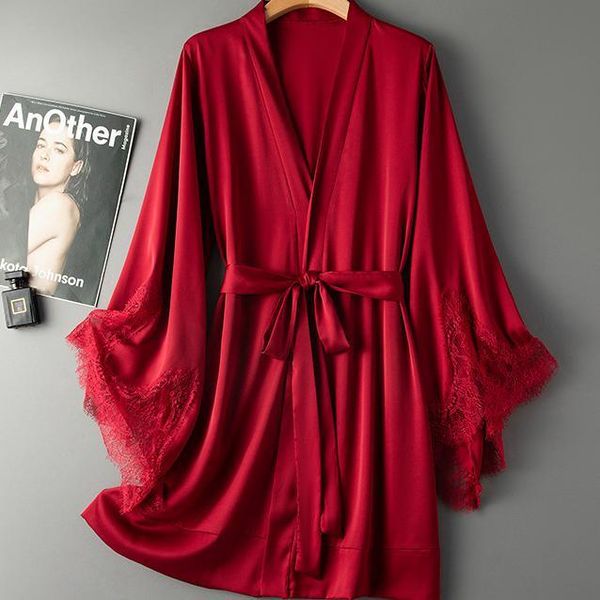 women's sleepwear wedding morning robe gown women lace sleeve bathrobe bridal satin nightdress oversized summer dressing with belt, Black;red 
women's sleepwear wedding morning robe gown women lace sleeve bathrobe bridal satin nightdress oversized summer dressing with belt, Black;red