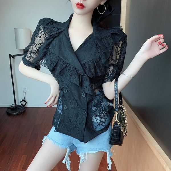 women's blouses & shirts vintage casual lace hollow out collar puff sleeve shirt female design sense summer office lady solid color ruf, White
women's blouses & shirts vintage casual lace hollow out collar puff sleeve shirt female design sense summer office lady solid color ruf, White