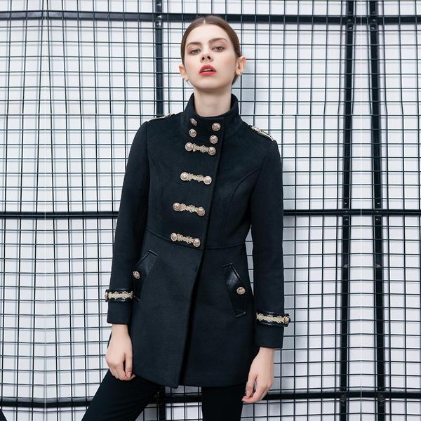 women's wool & blends double breasted gold embroidery button coat women slim fit military army casual work woolen lady winter outwear, Black
women's wool & blends double breasted gold embroidery button coat women slim fit military army casual work woolen lady winter outwear, Black