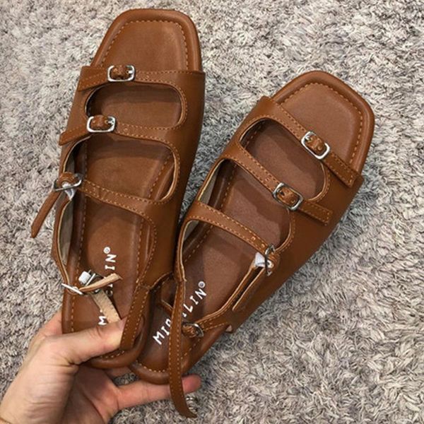 sandals 2021 gladiator women summer shoes retro square toe open belt buckle flat casual, Black