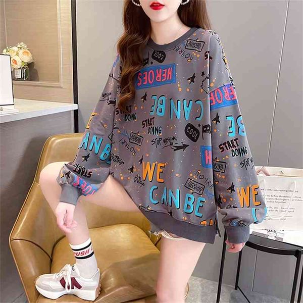 autumn new sleeve sweater 2021 korean version medium and long large women's loose graffiti printed round neck top, Black 
autumn new sleeve sweater 2021 korean version medium and long large women's loose graffiti printed round neck top, Black