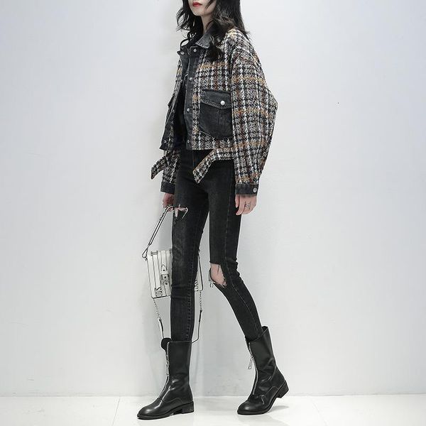 2021 autumn winter new korean loose turn down collar plaid patchwork denim jacket women m9yk, Black;brown
2021 autumn winter new korean loose turn down collar plaid patchwork denim jacket women m9yk, Black;brown