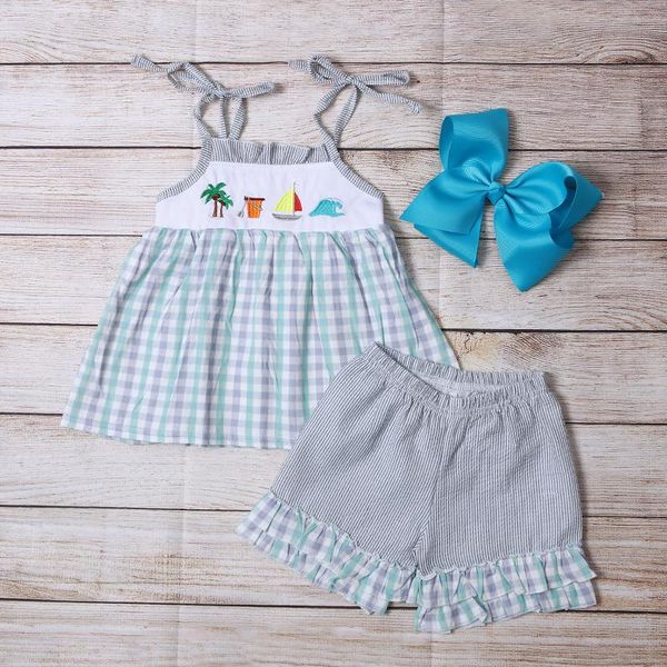 clothing sets fashion boutique summer girls plaid suspender skirt and black striped shorts sailing wave embroidery baby outfit clothes, White
clothing sets fashion boutique summer girls plaid suspender skirt and black striped shorts sailing wave embroidery baby outfit clothes, White