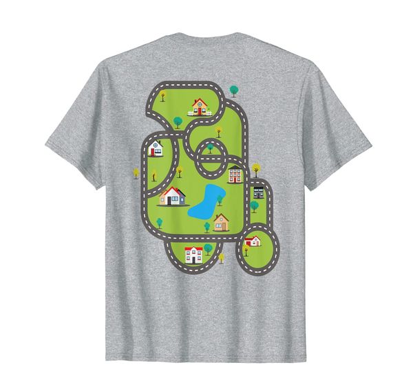 funny toy race car track road play mat on back of shirt, White;black