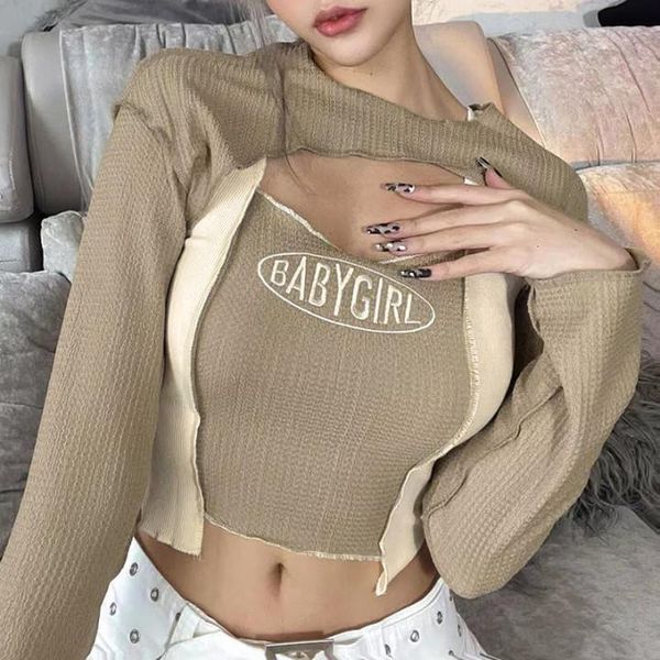 women's t-shirt autumn ladies casual pullovers female o-neck long sleeve short cover-up color matching letter embroidery splicing cami, White
women's t-shirt autumn ladies casual pullovers female o-neck long sleeve short cover-up color matching letter embroidery splicing cami, White