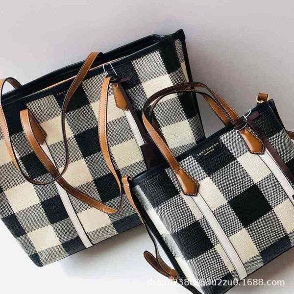 tb new perry canvas with leather shopping lattice tote bag portable one shoulder messenger small zipper