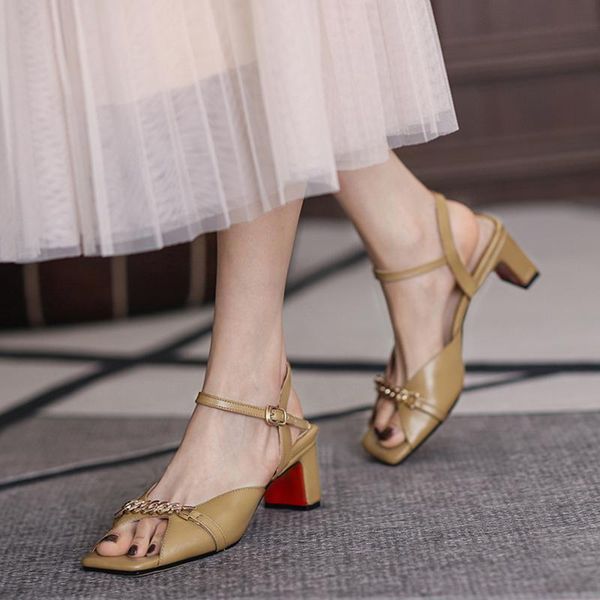 sandals genuine leather summer high heel women square toe metal chain decoration heels black fashion ladies party 
sandals genuine leather summer high heel women square toe metal chain decoration heels black fashion ladies party