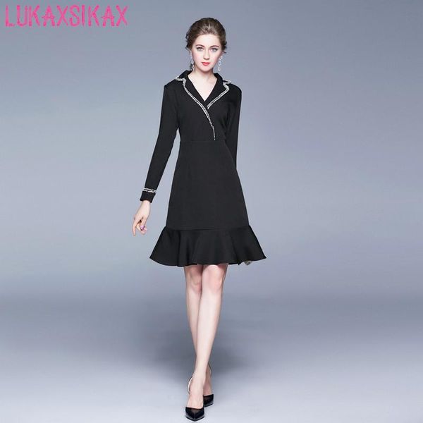 casual dresses spring autumn women long sleeve dress notched collar black office elegant slim ruffles mermaid, Black;gray
casual dresses spring autumn women long sleeve dress notched collar black office elegant slim ruffles mermaid, Black;gray