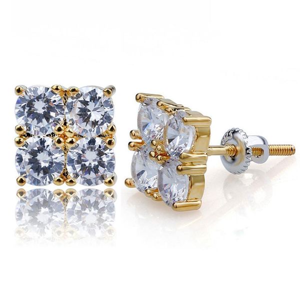 18k real gold plated hip hop princess cut diamond square stud earrings 0.8cm iced out cz zirconia earring studs rapper jewelry men and esuq1, Golden;silver