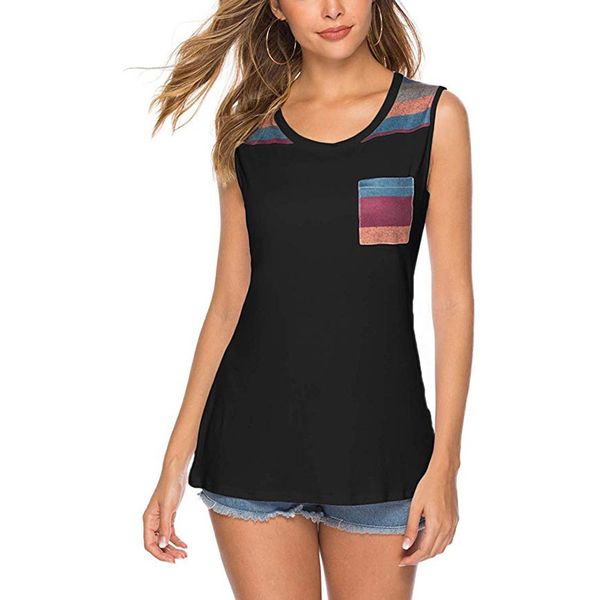 2021 european and american women's stripe splicing casual sleeveless t-shirt, White
2021 european and american women's stripe splicing casual sleeveless t-shirt, White