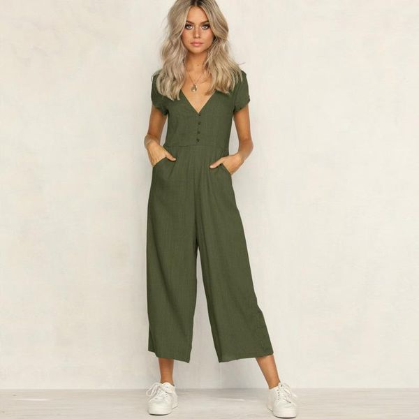 women's jumpsuits & rompers summer wear short sleeve v-neck button jumpsuit pants white khaki green black women romper, Black;white
women's jumpsuits & rompers summer wear short sleeve v-neck button jumpsuit pants white khaki green black women romper, Black;white