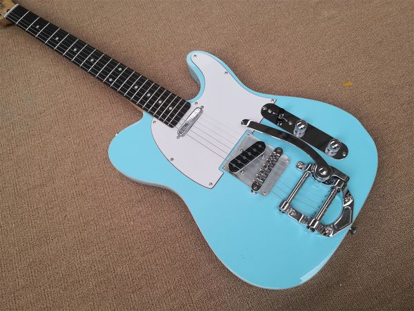 custom classic tel electric guitar, sky blue body white binding, tremolo bridge, chrome knob
custom classic tel electric guitar, sky blue body white binding, tremolo bridge, chrome knob