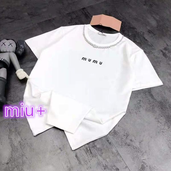 + 21 summer neckline hand drilled letter round neck pullover t-shirt for women, White