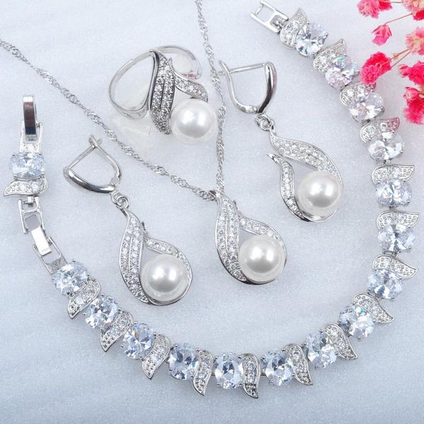 earrings & necklace russian style fashion jewelry set white pearl zircon ring bracelet and for women party gift mn022, Silver
earrings & necklace russian style fashion jewelry set white pearl zircon ring bracelet and for women party gift mn022, Silver