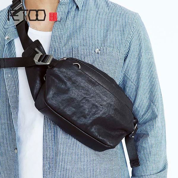 

HBP AETOO Spring and Summer New Leather Chest Bag Cowhide Small Waist Bag Men's Backpack Simple, Black