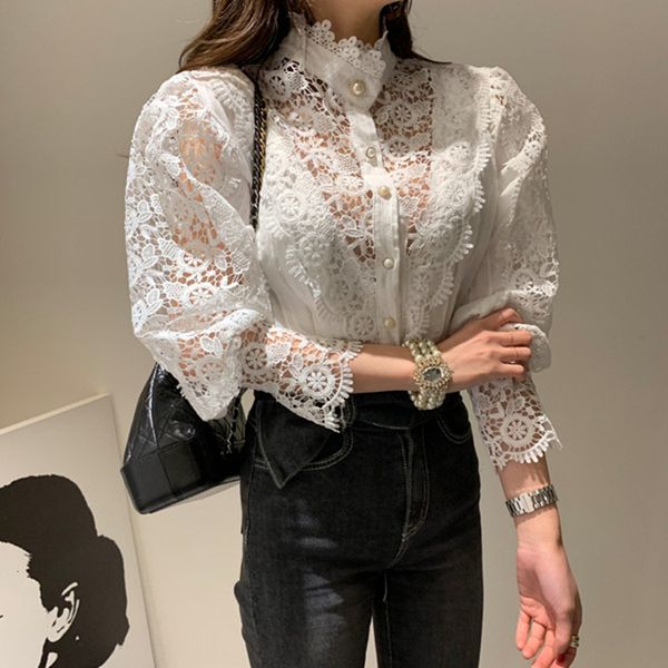 2021 new chic women lace sheer office lady long sleeve fashion white shirt female blouse inpl, White;black
2021 new chic women lace sheer office lady long sleeve fashion white shirt female blouse inpl, White;black