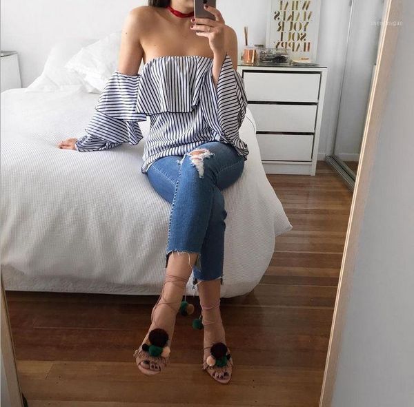 women off shoulder backless trumpet sleeve striped shirt long casual blouse loose crop women's blouses & shirts, White
women off shoulder backless trumpet sleeve striped shirt long casual blouse loose crop women's blouses & shirts, White