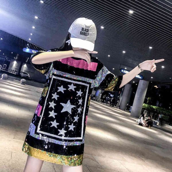 t shirt thailand fashion brand stripe contrast sequin chic short sleeve women's mid length loose dress summer, White
t shirt thailand fashion brand stripe contrast sequin chic short sleeve women's mid length loose dress summer, White
