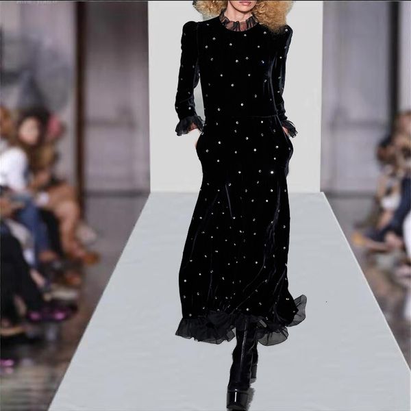 2021 new black runway women vintage o-neck long sleeve luxury diamonds veet es maxi female kc0k, Black;gray
2021 new black runway women vintage o-neck long sleeve luxury diamonds veet es maxi female kc0k, Black;gray