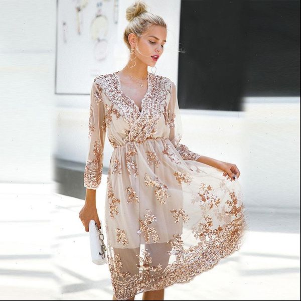 sequin dress embroidery long sleeve v neck midi loose 2021 summer women elegant mesh elastic waist party dresses robe, Black;gray 
sequin dress embroidery long sleeve v neck midi loose 2021 summer women elegant mesh elastic waist party dresses robe, Black;gray