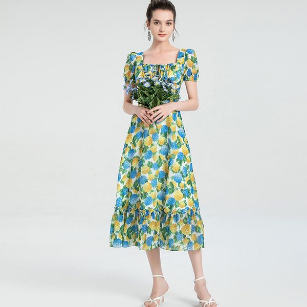 women's runway dresses square neckline short sleeves lace up printed ruffles elegant mid dress, Black
women's runway dresses square neckline short sleeves lace up printed ruffles elegant mid dress, Black