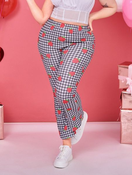 plus high waist strawberry plaid pants t3ib#, Black