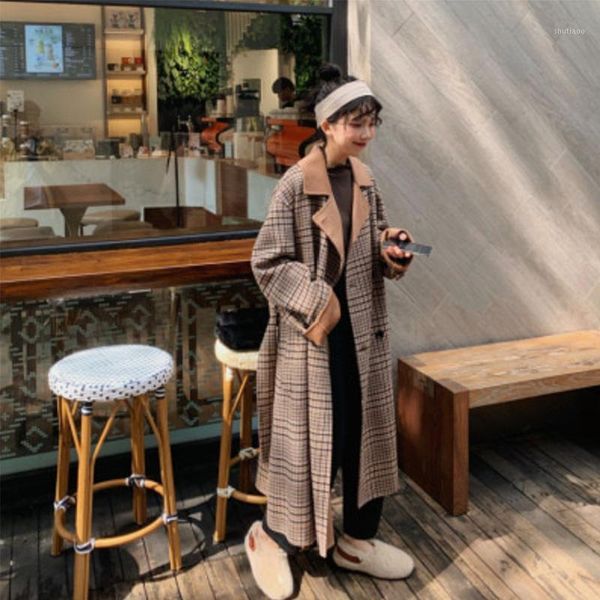 women's wool & blends autumn winter long coat loose casual plaid double-breasted with belt, Black
women's wool & blends autumn winter long coat loose casual plaid double-breasted with belt, Black