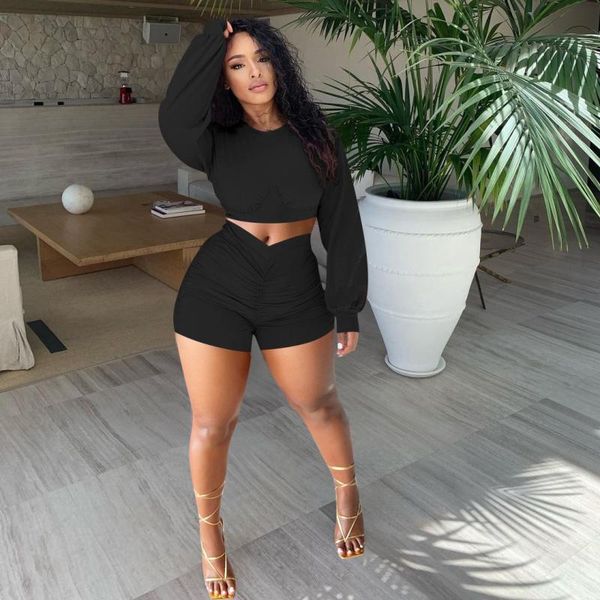 women's tracksuits two piece sets women solid autumn ruched full sleeve crop and shirring shorts set, Gray
women's tracksuits two piece sets women solid autumn ruched full sleeve crop and shirring shorts set, Gray