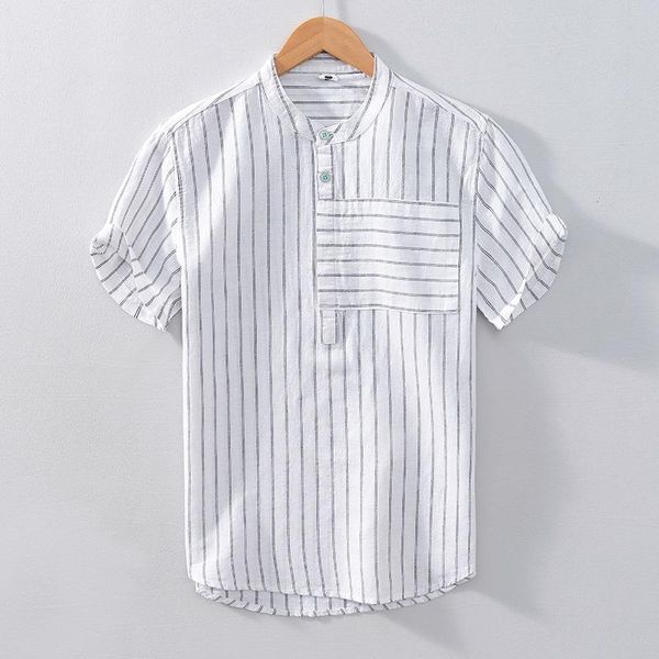 men's casual shirts summer mandarin collar short sleeve linen striped sleeved classic cotton clothing for men clothes, White;black
men's casual shirts summer mandarin collar short sleeve linen striped sleeved classic cotton clothing for men clothes, White;black