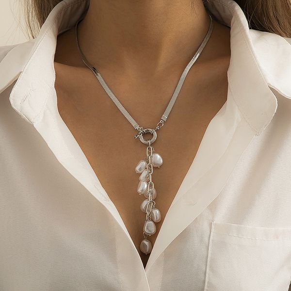 pearl tassel pendant necklaces baroque retro court style metal rice grain geometric flat snake bone chain fashion simple temperament clavicl, Silver
pearl tassel pendant necklaces baroque retro court style metal rice grain geometric flat snake bone chain fashion simple temperament clavicl, Silver