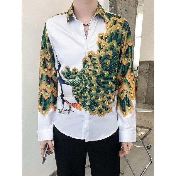 men's casual shirts luxury men flower shirt peacock print korean slim fit social camisa long sleeve night club mens button, White;black
men's casual shirts luxury men flower shirt peacock print korean slim fit social camisa long sleeve night club mens button, White;black