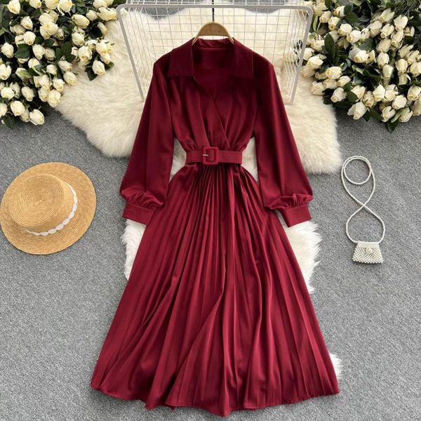 casual dresses women dress elegant french autumn winter temperament pleated collect waist pure color vestidos, Black;gray
casual dresses women dress elegant french autumn winter temperament pleated collect waist pure color vestidos, Black;gray