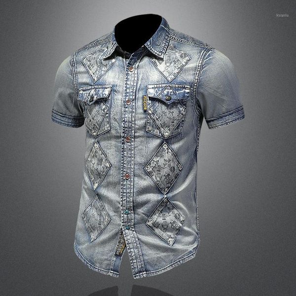 summer men's printed single breasted slim street short sleeves denim shirts casual, White;black
summer men's printed single breasted slim street short sleeves denim shirts casual, White;black