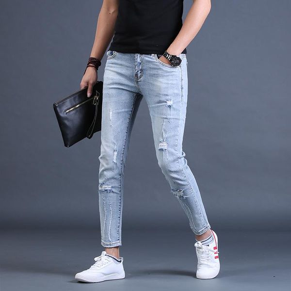 men's jeans ripped slim fit trousers summer stretch denim ankle-length pants streetwear casual light blue for men
men's jeans ripped slim fit trousers summer stretch denim ankle-length pants streetwear casual light blue for men
