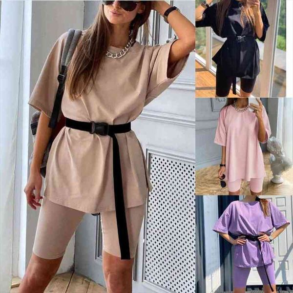 womens two piece set short-sleeve round collar t-shirt smallclothes suit casual loose womens outfits with belt biker shorts, Gray
womens two piece set short-sleeve round collar t-shirt smallclothes suit casual loose womens outfits with belt biker shorts, Gray