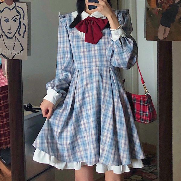 women japanese harajuku peter pan collar bow dress female a-line cute lolita dress blue plaid ruffles fairy vestidos, Black;gray
women japanese harajuku peter pan collar bow dress female a-line cute lolita dress blue plaid ruffles fairy vestidos, Black;gray
