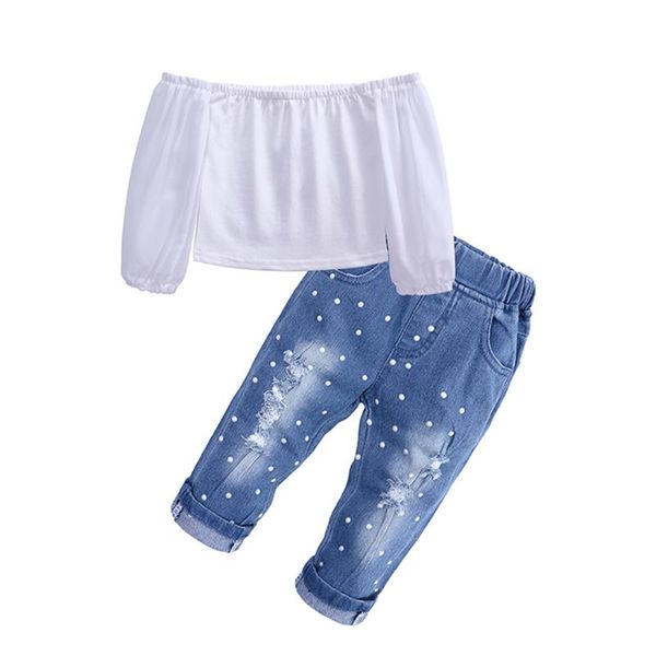 clothing sets 2021 0-5y fashion kids baby girls spring summer off shoulder white blouse+pearls denim long pants 2pcs outfits set
clothing sets 2021 0-5y fashion kids baby girls spring summer off shoulder white blouse+pearls denim long pants 2pcs outfits set