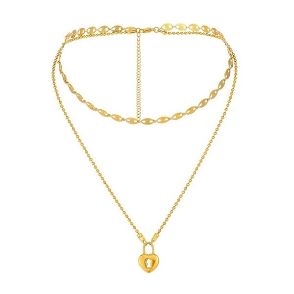 chokers arrival gold color heart-shaped lock pendant choker necklace double-layer stainless steel jewelry for woman gift wholesale, Golden;silver 
chokers arrival gold color heart-shaped lock pendant choker necklace double-layer stainless steel jewelry for woman gift wholesale, Golden;silver