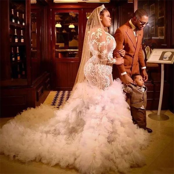 african plus size wedding dresses sheer long sleeve bridal gowns lace applique ruffles sweep train illusion robe de soirée, White
african plus size wedding dresses sheer long sleeve bridal gowns lace applique ruffles sweep train illusion robe de soirée, White