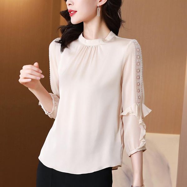 women's blouses & shirts summer women real silk shirt elegant stand collar hollow out lace patchwork three quarter sleeve office lady s, White
women's blouses & shirts summer women real silk shirt elegant stand collar hollow out lace patchwork three quarter sleeve office lady s, White