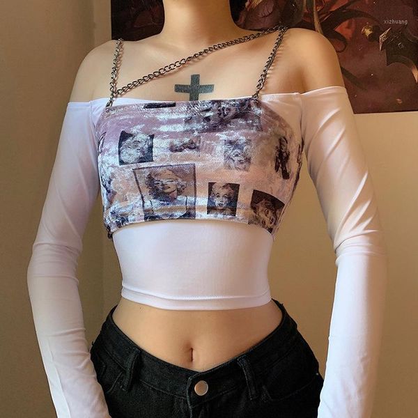 women's t-shirt 90s streetwear e-girl aesthetic printing vintage halter camis with chain gothic slash neck slim crop tee matching set, White
women's t-shirt 90s streetwear e-girl aesthetic printing vintage halter camis with chain gothic slash neck slim crop tee matching set, White