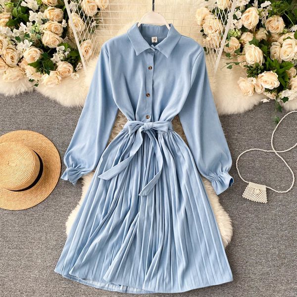 2021 solid blue/beige/pink pleated women turn-down collar long sleeve sashes vestidos casual single-breasted shirt es 7vj5, Black;gray
2021 solid blue/beige/pink pleated women turn-down collar long sleeve sashes vestidos casual single-breasted shirt es 7vj5, Black;gray