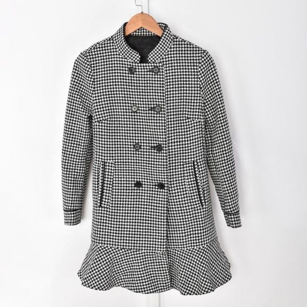 women's wool & blends houndstooth double-breasted mid-length coat ladies autumn winter warm outwear jacket with pockets, Black
women's wool & blends houndstooth double-breasted mid-length coat ladies autumn winter warm outwear jacket with pockets, Black