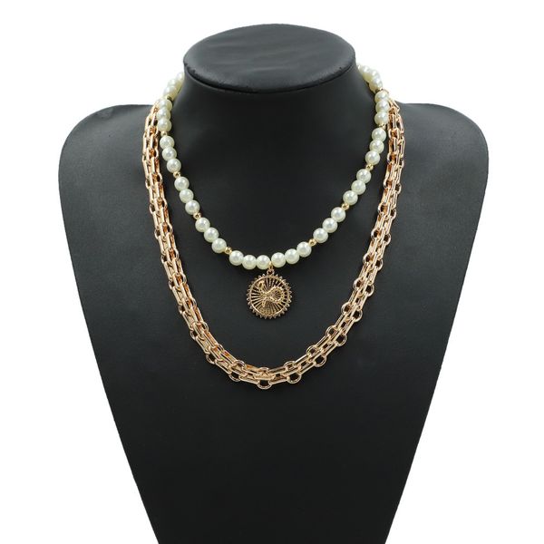 european hip hop style relief printing round pendant pearl necklace multi layer metal chain street racket jewe, Silver
european hip hop style relief printing round pendant pearl necklace multi layer metal chain street racket jewe, Silver